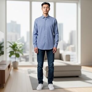 Egara Egyptian Cotton Mens Dress Shirt Non Iron Slim Fit Plaid Blue